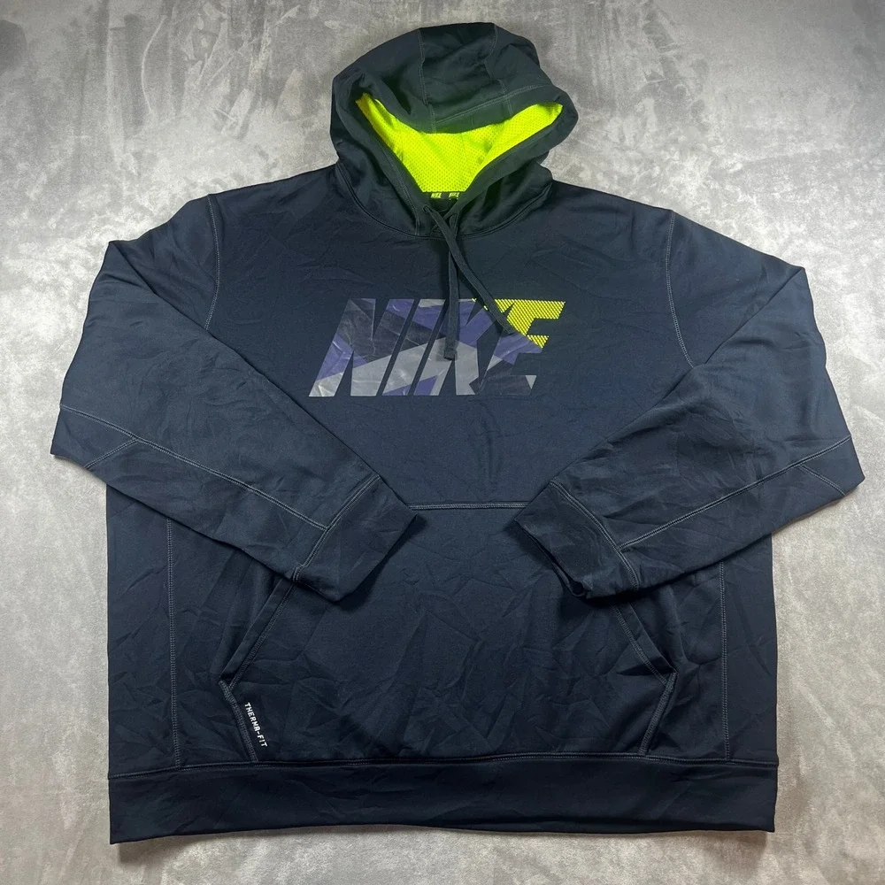 Nike Therma-Fit Hoodie Men 2XL Black Neon Green Pullover Performance Sweatshirt‎